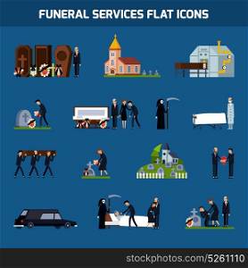 Funeral Services Flat Icon Set. Colored and isolated funeral services flat icon set with death figure and sad people vector illustration