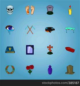 Funeral services icons set. Cartoon illustration of 16 funeral services vector icons for web. Funeral services icons set, cartoon style