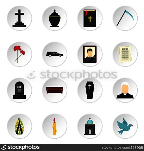 Funeral set icons in flat style isolated on white background. Funeral set flat icons