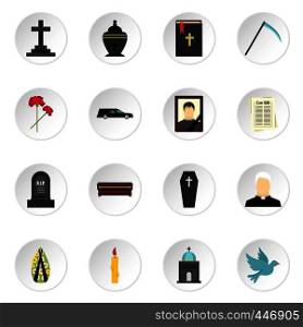Funeral set icons in flat style isolated on white background. Funeral set flat icons