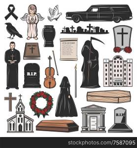 Funeral vector icons of coffin, death and candle, grave, tombstone and memorial cross, church, mortuary, hearse car and burial urn, flower wreath, dove and angel, pastor and bible. Interment themes. Funeral coffin, grave, candle and tombstone cross