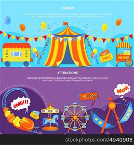 Funfair and attractions 2 flat banners. Amusement park horizontal banners website design abstract isolated vector illustration