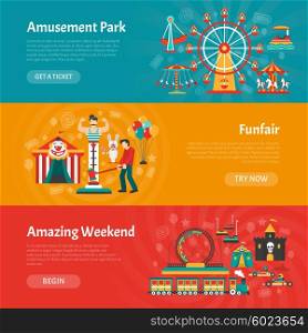 Funfair banner set. Funfair horizontal banner set with amusement park elements isolated vector illustration