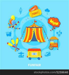 Funfair design vector illustration. Circus potential layout with attractions and big top isolated vector illustration
