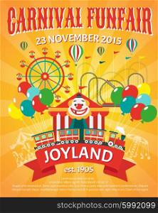 Funfair poster illustration. Carnival funfair promo poster with clown and party balloons vector illustration
