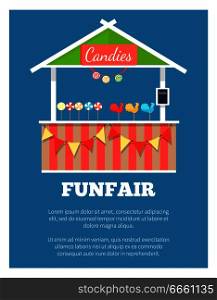 Funfair poster with market candies counter, vector illustration outdoor shop with triangle roof isolated on dark blue. Striped tent with present boxes. Funfair Poster with Market Candies Counter, Vector