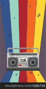 Funky 80s music poster with portable radio cassette player, boombox design.
