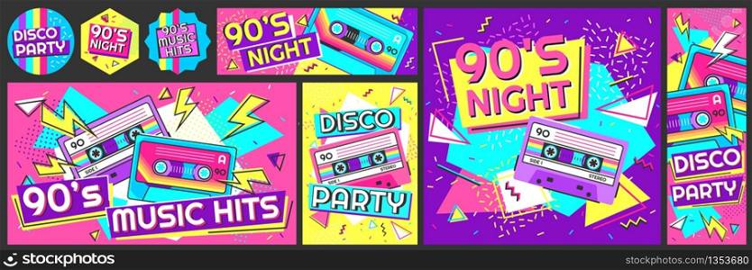 Funky 90s disco party poster. Nineties music hits banner, 90s dancing night invite and retro stereo tape vector illustration set. 90s stereo poster and flyer, music trend dancing. Funky 90s disco party poster. Nineties music hits banner, 90s dancing night invite and retro stereo tape vector illustration set