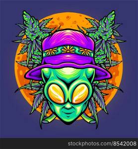 Funky Alien head with cannabis leaf vector illustrations for your work logo, merchandise t-shirt, stickers and label designs, poster, greeting cards advertising business company or brands