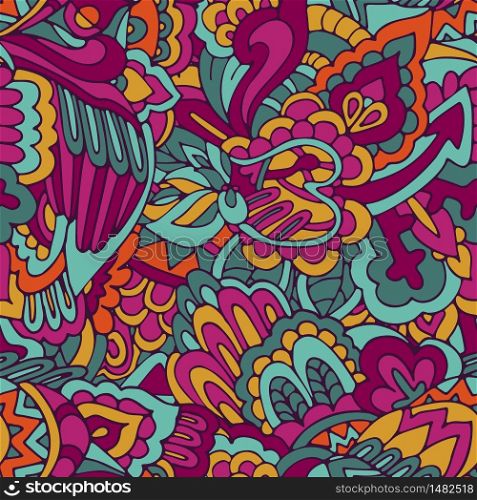 Funky boho hippie seamless pattern in neon colors with doodle drawn elements. Hipster young background.. colorful psychedelic vector seamless pattern with doodle elements.