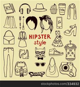 Funky hipster style elements of female. Different stylish accessories. Hipster woman accessory, vector fashion object collection illustration. Funky hipster style elements of female. Different stylish accessories