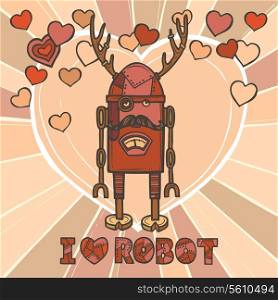 Funky robot hipster retro humanoid with mustaches and hearts on background design poster vector illustration