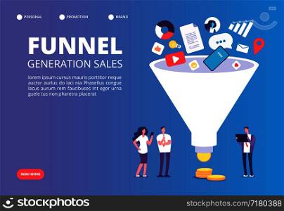 Funnel sale generation. Digital marketing funnel lead generations with buyers. Strategy, conversion rate optimization vector concept. Funnel marketing, generation and optimization sale illustration. Funnel sale generation. Digital marketing funnel lead generations with buyers. Strategy, conversion rate optimization vector concept