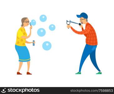 Funny activity of old people, senior holding slingshot, woman blowing soap bubbles, full length view of elderly male and female in casual clothes vector. Pensioners with Catapult and Soap Bubbles Vector