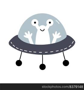 Funny alien in flying saucer. UFO. Vector doodle illustration for children. Design poster in nursery.