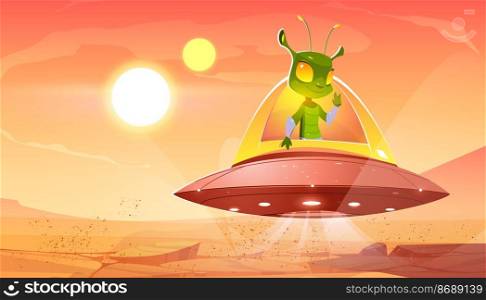 Funny alien in spaceship hover above Mars surface. Vector cartoon illustration of red planet landscape and cute green extraterrestrial character in flying saucer. Funny alien in spaceship hover above Mars surface