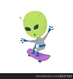 Funny alien skateboarding. Stunt, creature, character. Can be used for topics like extreme sport, leisure, cosmos