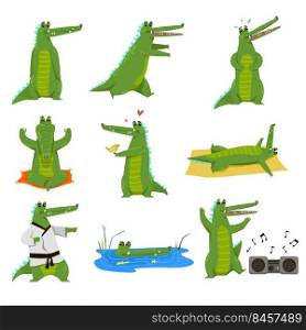 Funny alligator cartoon character vector illustration set. Drawings of crocodile in pond, big green gator running, meditating, dancing isolated on white background. Nature, wildlife, animals concept