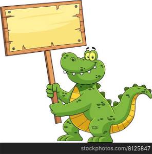 Funny Alligator Or Crocodile Cartoon Character Holding Up A Wooden Sign. Vector Hand Drawn Illustration Isolated On White Background