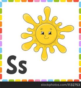 Funny alphabet. Letter S - sun. ABC square flash cards. Cartoon character isolated on white background. For kids education. Developing worksheet. Learning letters. Color vector illustration.