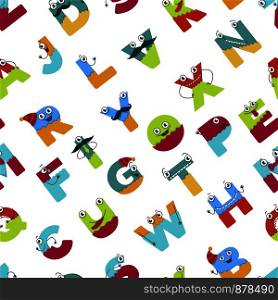 Funny alphabet of cartoon characters for kids design seamless pattern. Vector font letters of comic monster creature faces with eyes, mouth smile and mustaches in uppercase. Funny alphabet of cartoon characters for kids design seamless pattern.