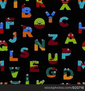 Funny alphabet of cartoon characters for kids design seamless pattern. Vector font letters of comic monster creature faces with eyes, mouth smile and mustaches in uppercase. Funny alphabet of cartoon characters for kids design seamless pattern.