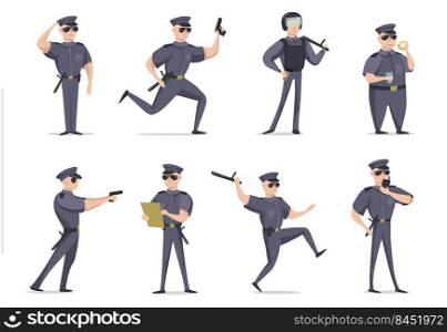 Funny American policeman in different poses flat item set. Cartoon character in cop outfit with gun isolated vector illustration collection. Police and security concept