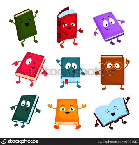 Funny and cute cartoon book vector characters. Happy library books mascots set. Character books cartoon illustration. Funny and cute cartoon book vector characters. Happy library books mascots set