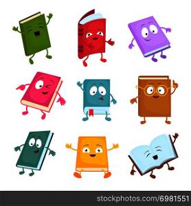 Funny and cute cartoon book vector characters. Happy library books mascots set. Character books cartoon illustration. Funny and cute cartoon book vector characters. Happy library books mascots set