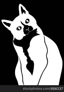Funny and cute cat watching with interest, black stencil on the white background, vector hand drawing