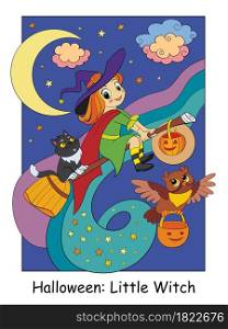 Funny and cute little witch flying on a broomstick with cat and owl. Halloween concept. Cartoon vector illustration. Stock illustration for design, preschool education, decor, print and game.. Halloween illustration cute witch flying on a broomstick