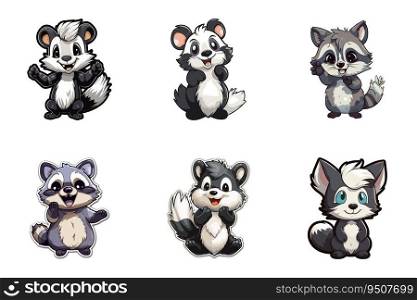 Funny and cute raccoon set. Vector illustration.