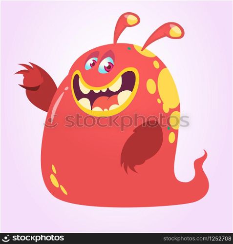 Funny and happy cartoon monster or ghost pointing hand. Vector Halloween illustration of red monster blob