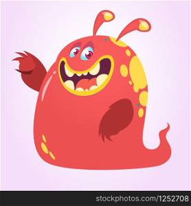 Funny and happy cartoon monster or ghost pointing hand. Vector Halloween illustration of red monster blob