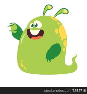Funny and happy cartoon monster pointing hand. Vector Halloween illustration of green monster blob