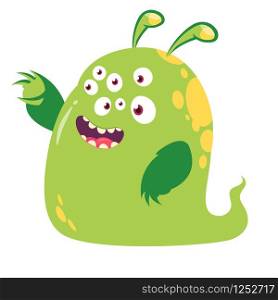 Funny and happy cartoon monster with many eyes pointing hand. Vector Halloween illustration of green monster with many eyes