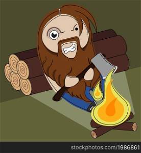Funny angry hairy bearded lumberjack with ax sitting near campfire. Funny angry hairy lumberjack