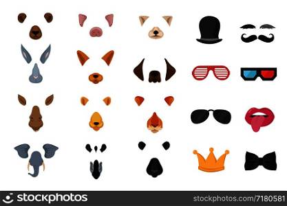 Funny animal faces, cartoon masks, photo filters for phone video cat application vector set. Photo mask app, application animal face illustration. Funny animal faces, cartoon masks, photo filters for phone video cat application vector set