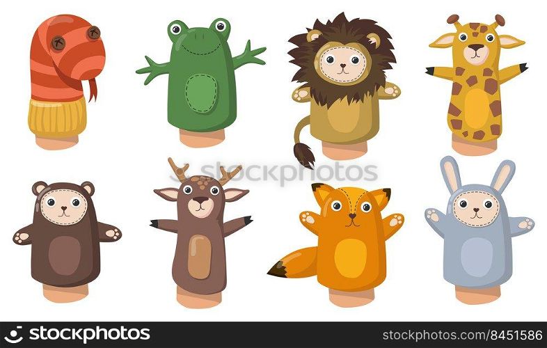 Funny animal hand puppets flat set for web design. Cartoon toys from socks for kids isolated vector illustration collection. Show and home theatre concept