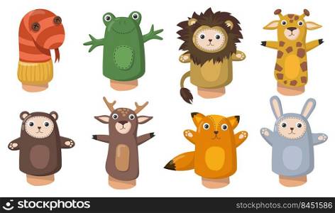 Funny animal hand puppets flat set for web design. Cartoon toys from socks for kids isolated vector illustration collection. Show and home theatre concept