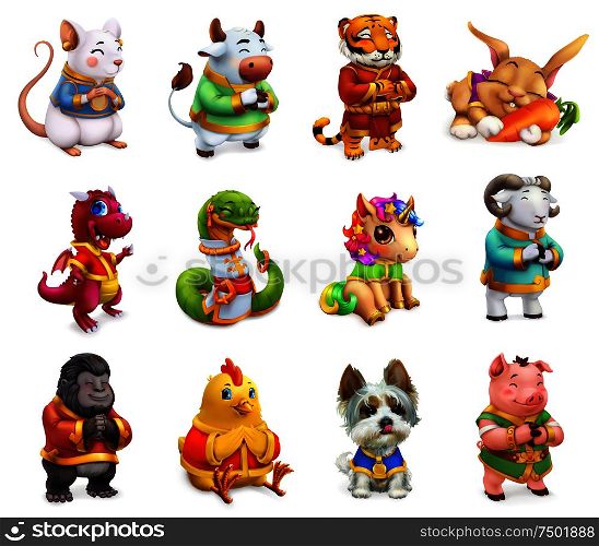 Funny animal in the Chinese zodiac, Rat, ox, tiger, rabbit, dragon, snake, horse, sheep, monkey, rooster, dog, pig. Chinese calendar, 3d vector icon set