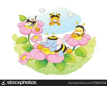funny animals cartoon playing in the flower