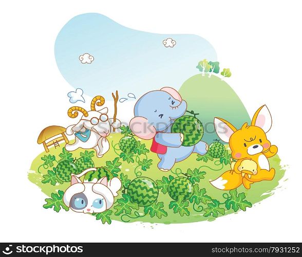funny animals cartoon playing in the garden