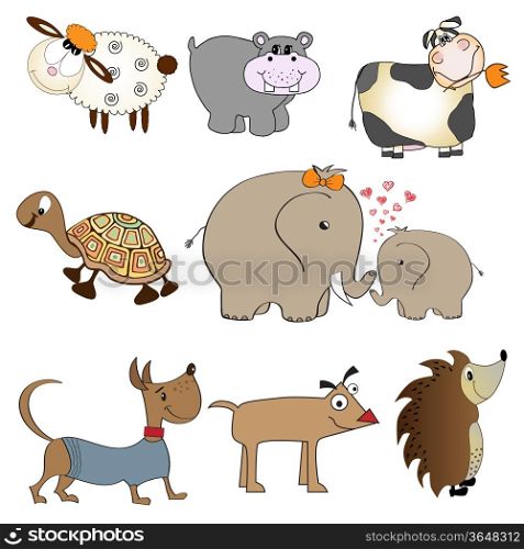 funny animals cartoon set isolated on white background, vector illustration