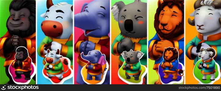 Funny animals. Gorilla, bull, elephant, koala, lion, ram. 3d vector background