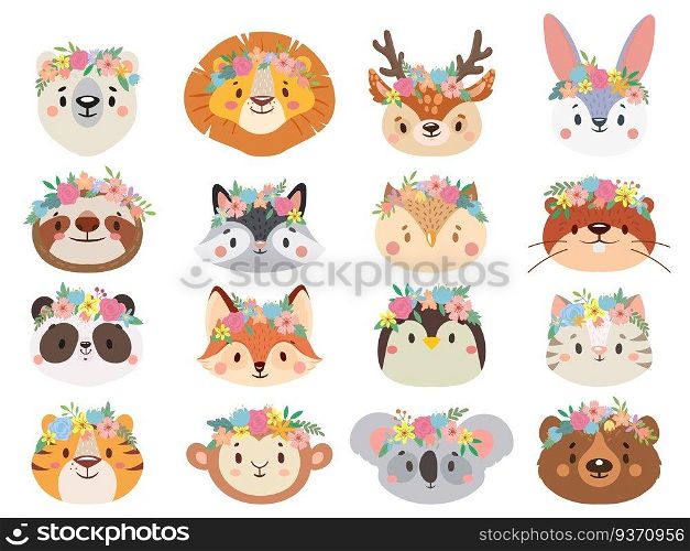 Funny animals in flower wreaths. Happy animal head with flower, fun cat and pet face in wreath. Pets and forest animals character face in flower crown stickers. Isolated vector icons set. Funny animals in flower wreaths. Happy animal head with flower, fun cat and pet face in wreath vector set
