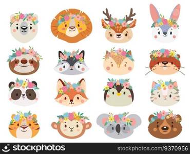 Funny animals in flower wreaths. Happy animal head with flower, fun cat and pet face in wreath. Pets and forest animals character face in flower crown stickers. Isolated vector icons set. Funny animals in flower wreaths. Happy animal head with flower, fun cat and pet face in wreath vector set