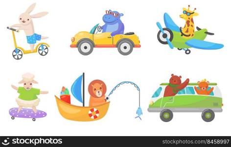 Funny animals on transport flat mascots set for web design. Cartoon cute driver characters on boat, car, and bike isolated vector illustration collection. Animals and transportation concept