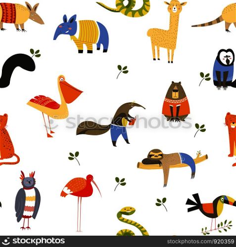 Funny animals wearing knitted sweaters and clothes seamless pattern isolated on white vector. Toucan and lion, llama and monkey, exotic mammal reading book and wearing glasses. Sloth on branch. Funny animals wearing knitted sweaters and clothes seamless pattern isolated on white vector.