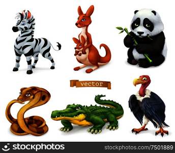 Funny animals. Zebra, kangaroo, panda bear, cobra snake, crocodile, vulture. 3d vector icon set